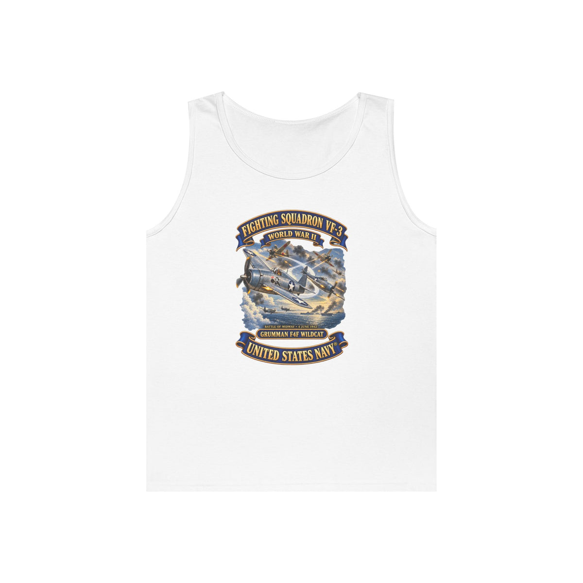 Unisex Heavy Cotton Tank Top - Navy - Fighting Squadron - VF 3 - WWII - Grumman F4F Wildcats - Japanese Zeros - Battle of Midway - 3D - Enhanced