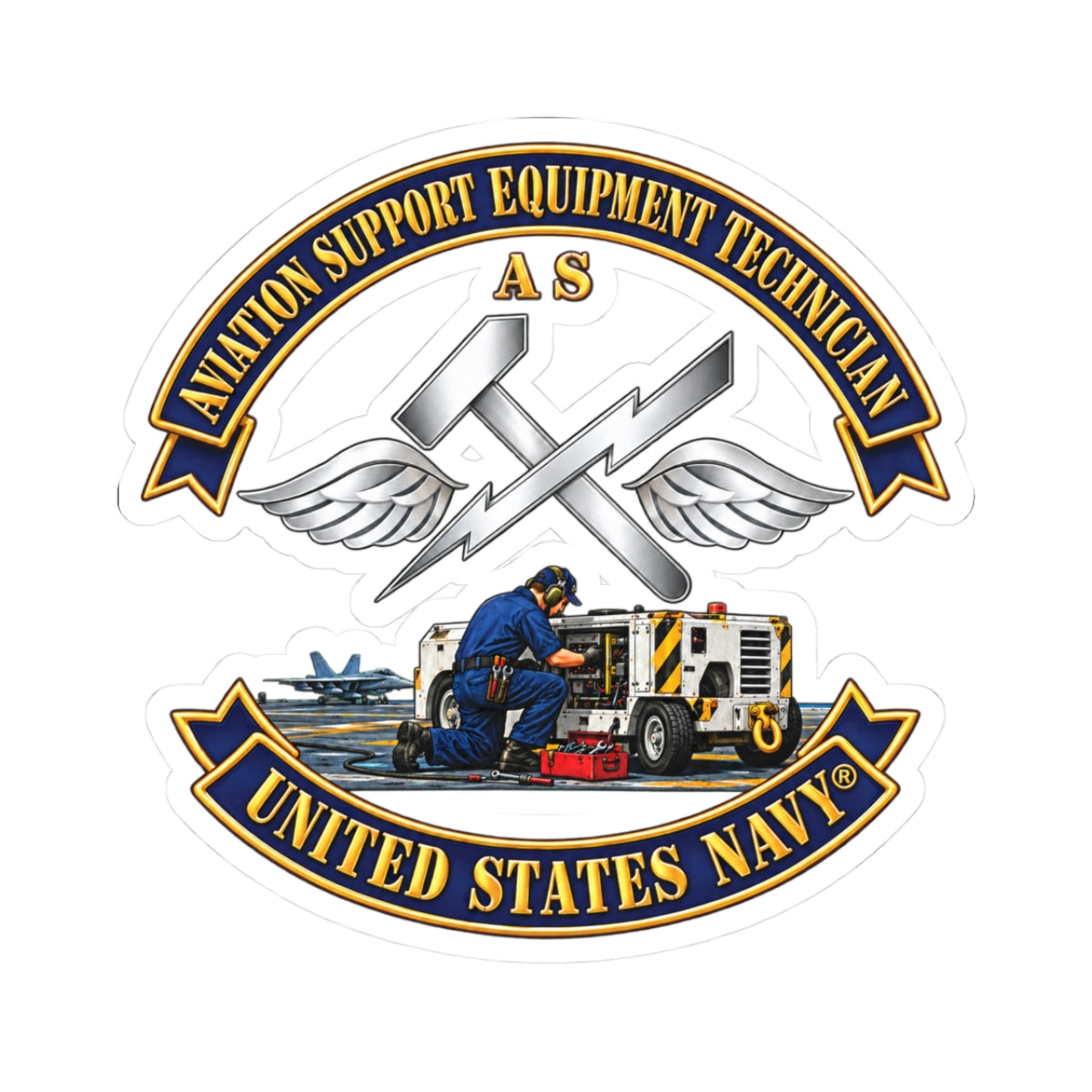 Kiss-Cut Stickers - Navy - Rate - Aviation Support Equipment Technician (AS) with Scene - 3D - Enhanced