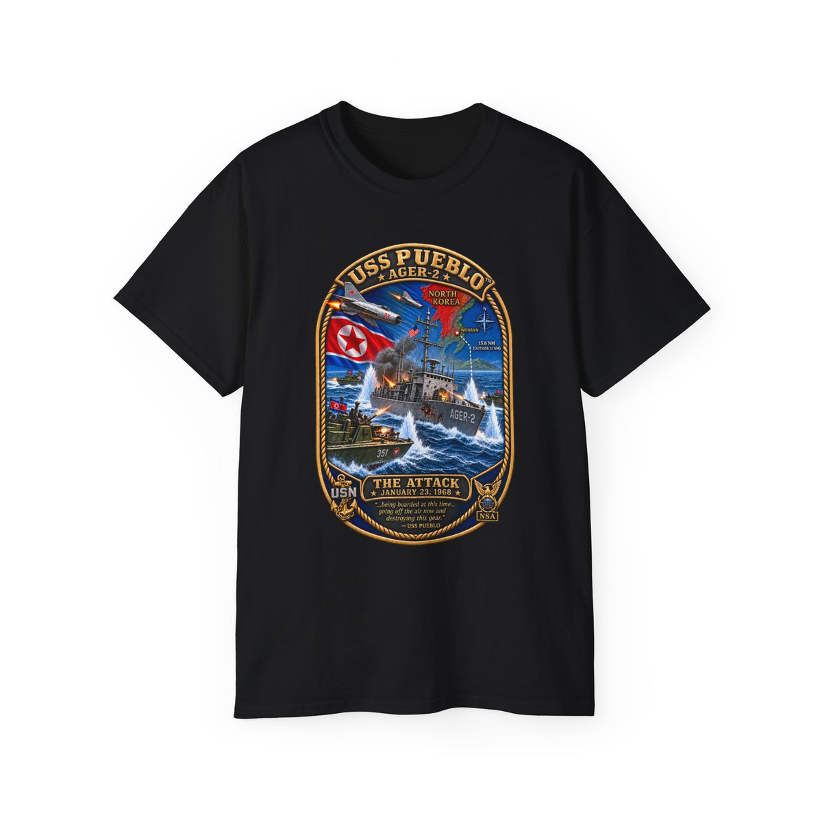 Unisex Ultra Cotton T-Shirt - Navy - USS Pueblo Attack-Defense Commemorative Patch - 3D - Enhanced