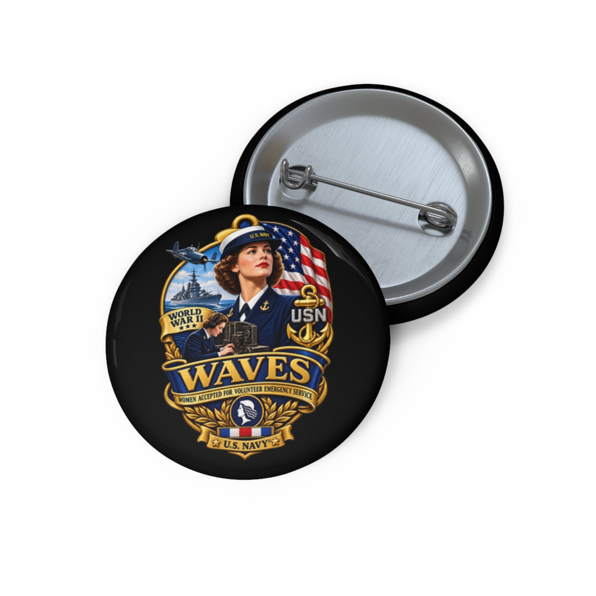 Pin Button - WAVES - Women Accepted for Volunteer Emergency Service WWII - 3D - Enhanced