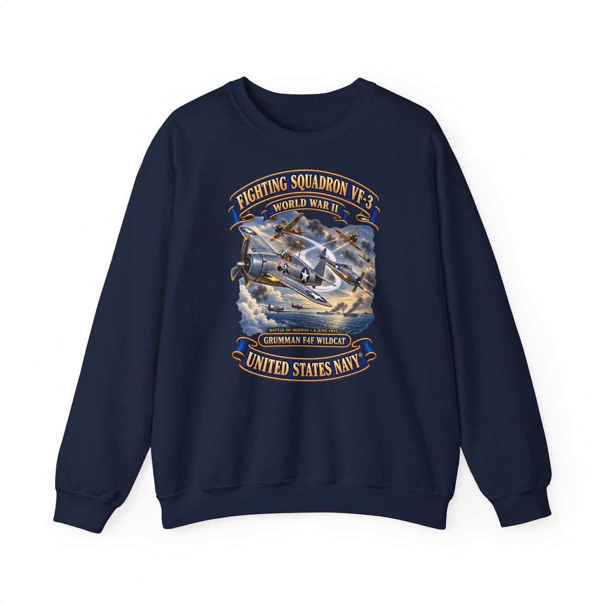 Unisex Heavy Blend™ Crewneck Sweatshirt -  Navy - Fighting Squadron - VF 3 - WWII - Grumman F4F Wildcats - Japanese Zeros - Battle of Midway - 3D - Enhanced
