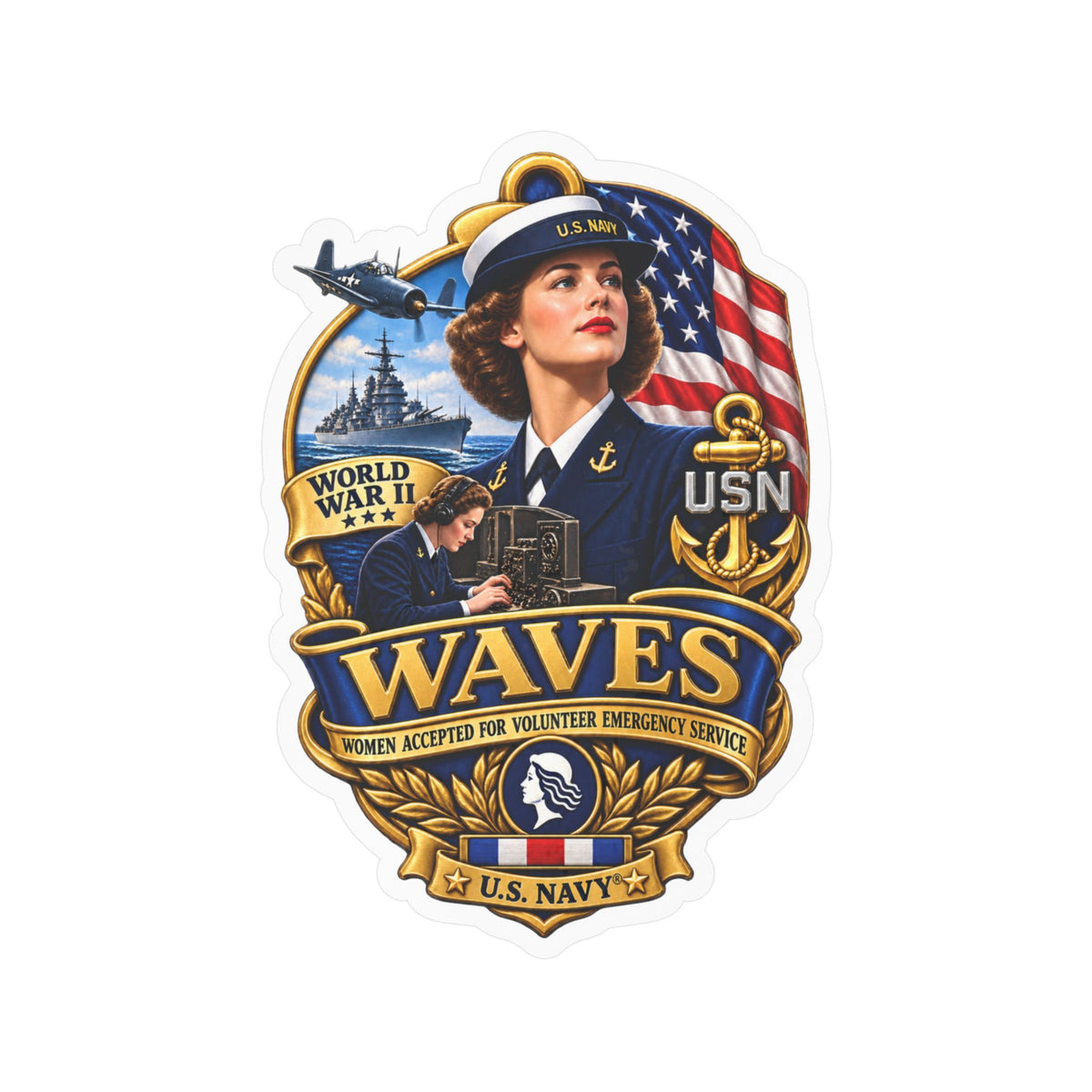 Kiss-Cut Vinyl Decal - WAVES - Women Accepted for Volunteer Emergency Service WWII - 3D - Enhanced