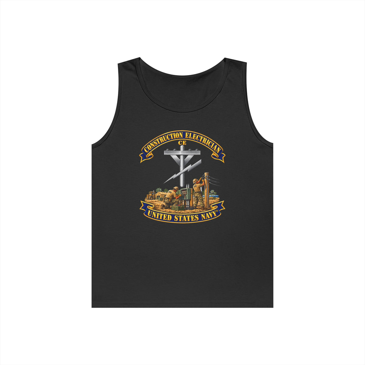 Unisex Heavy Cotton Tank Top - Navy - Rate - Construction Electrician (CE) with Scene - 3D - Enhanced