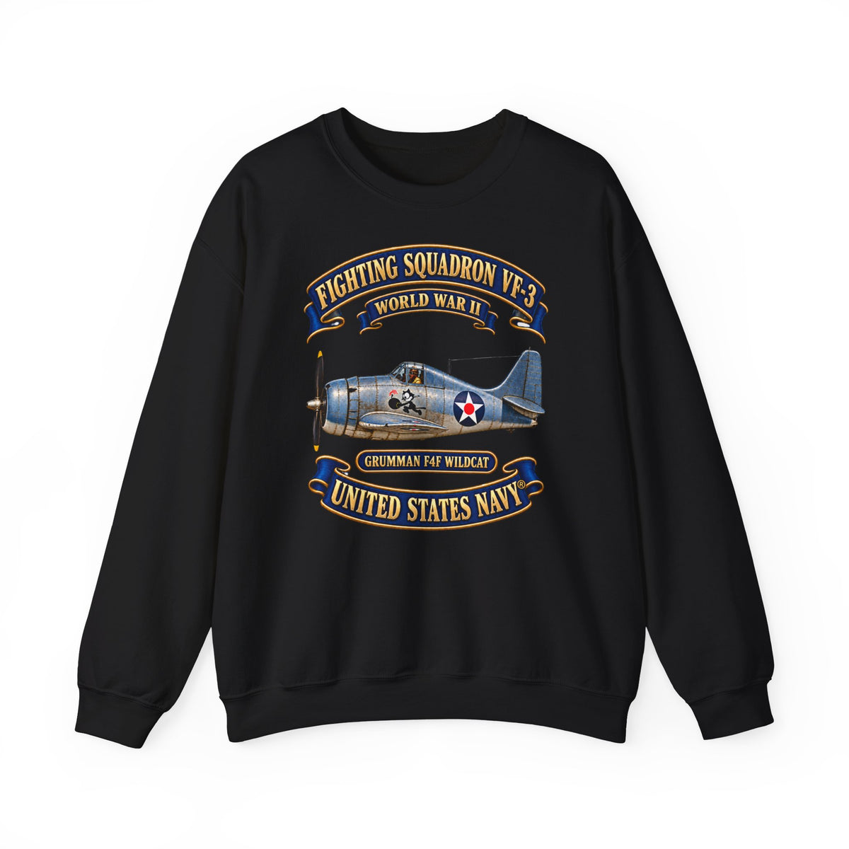 Unisex Heavy Blend™ Crewneck Sweatshirt -  NAVY - Fighting Squadron - VF 3 - WWII FELIX Insignia - Grumman F4F Wildcat - 3D - Enhanced