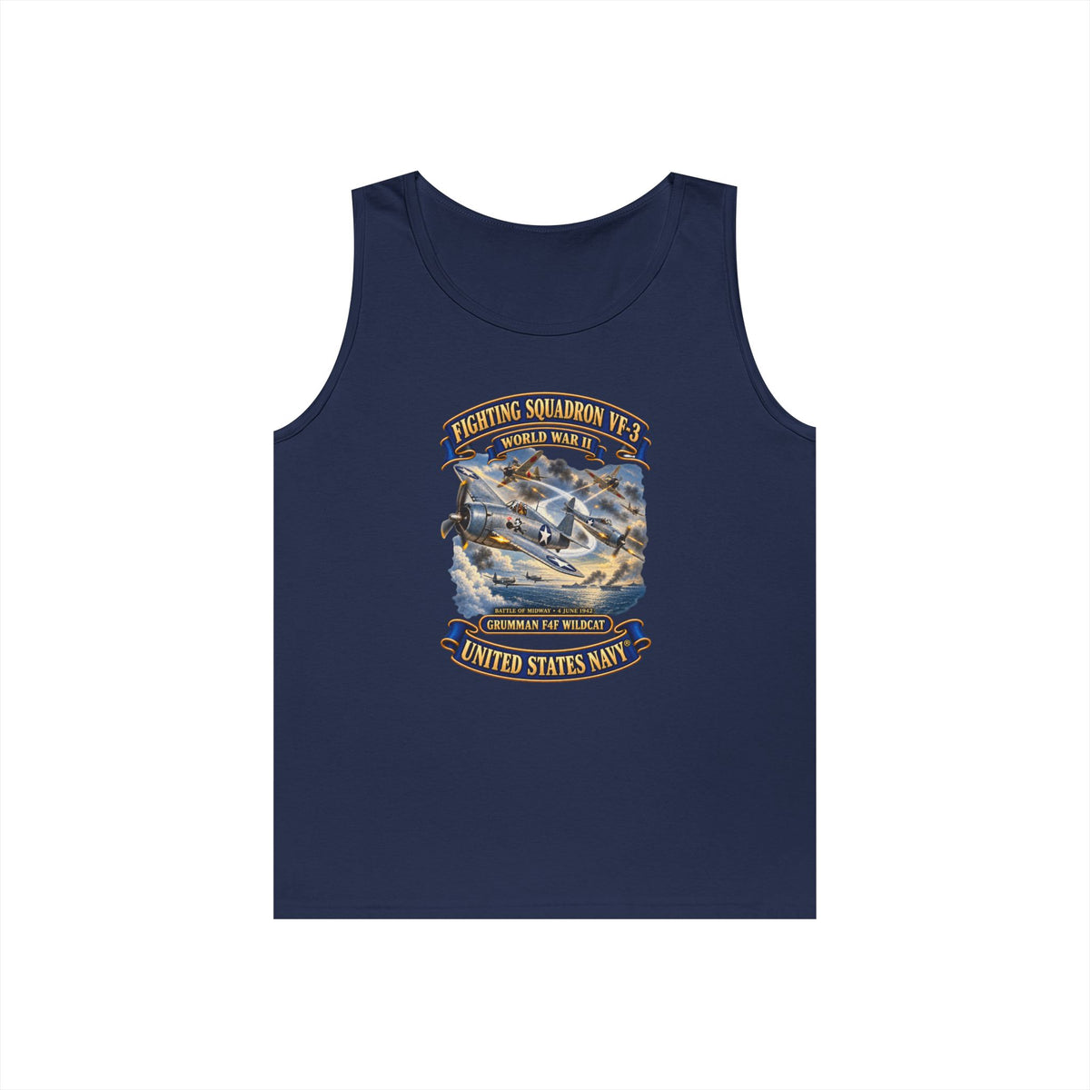 Unisex Heavy Cotton Tank Top - Navy - Fighting Squadron - VF 3 - WWII - Grumman F4F Wildcats - Japanese Zeros - Battle of Midway - 3D - Enhanced