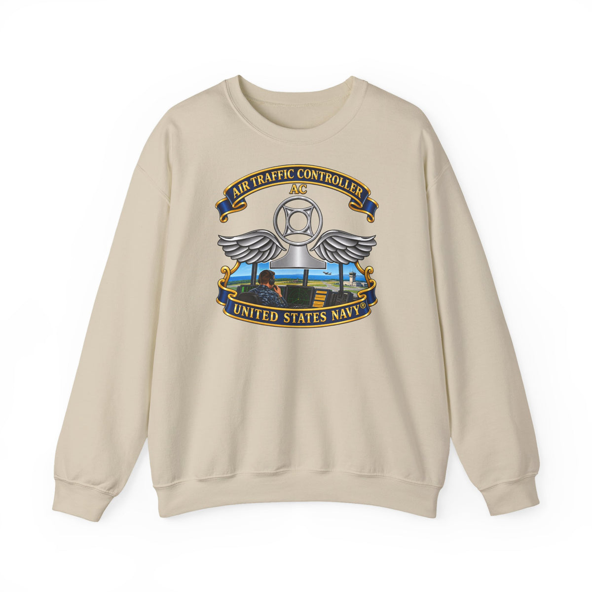 Unisex Heavy Blend™ Crewneck Sweatshirt -  Navy - Rate - Air Traffic Controller (AC) - with Scene - 3D - Enhanced