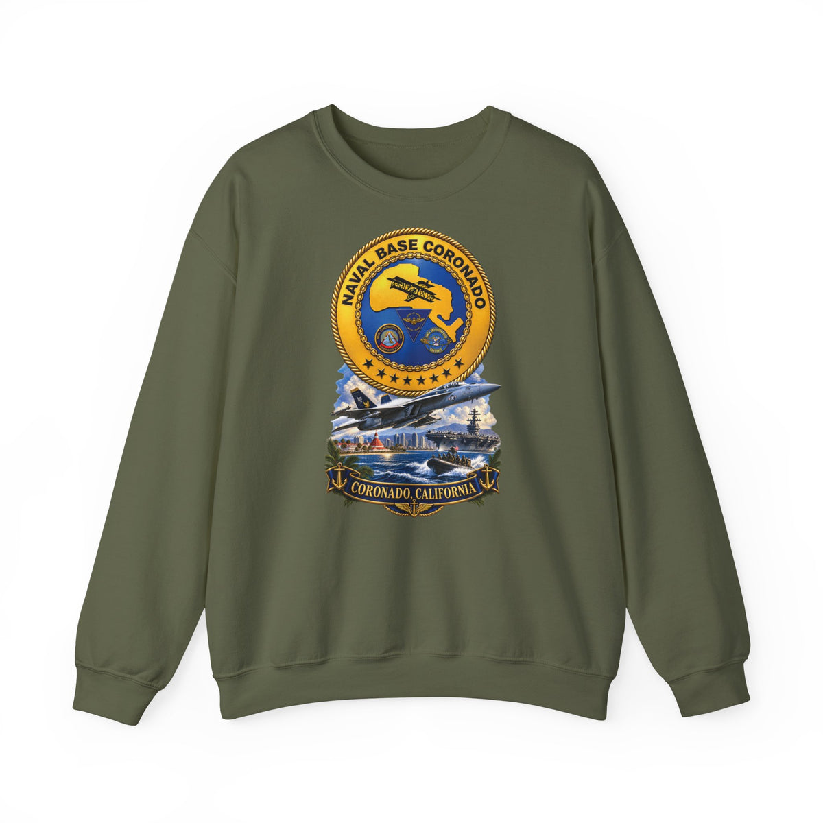 Unisex Heavy Blend™ Crewneck Sweatshirt - NAVY - Naval Base Coronado - Crest w Scene - Coronado California - 3D - Enhanced