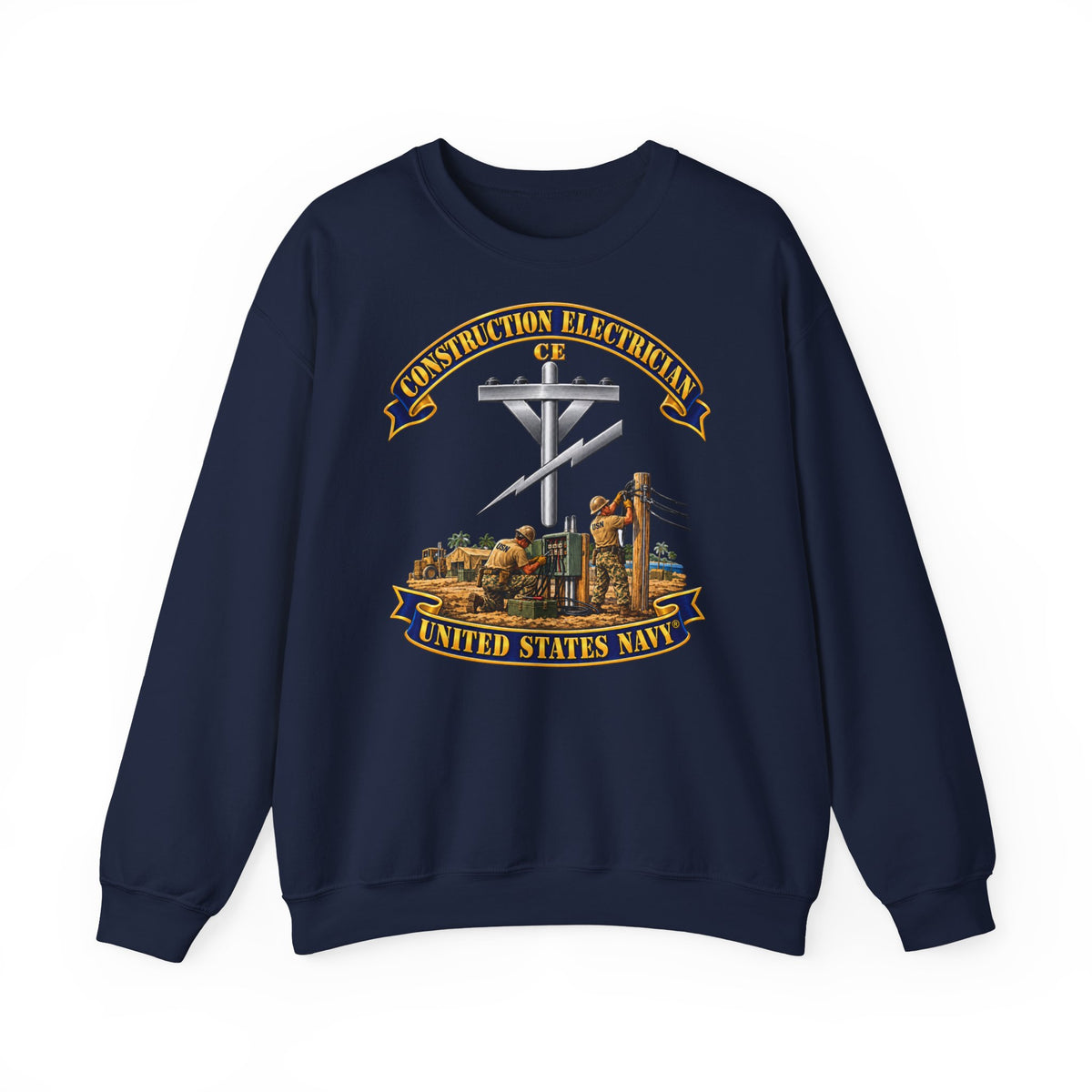 Unisex Heavy Blend™ Crewneck Sweatshirt -  Navy - Rate - Construction Electrician (CE) with Scene - 3D - Enhanced