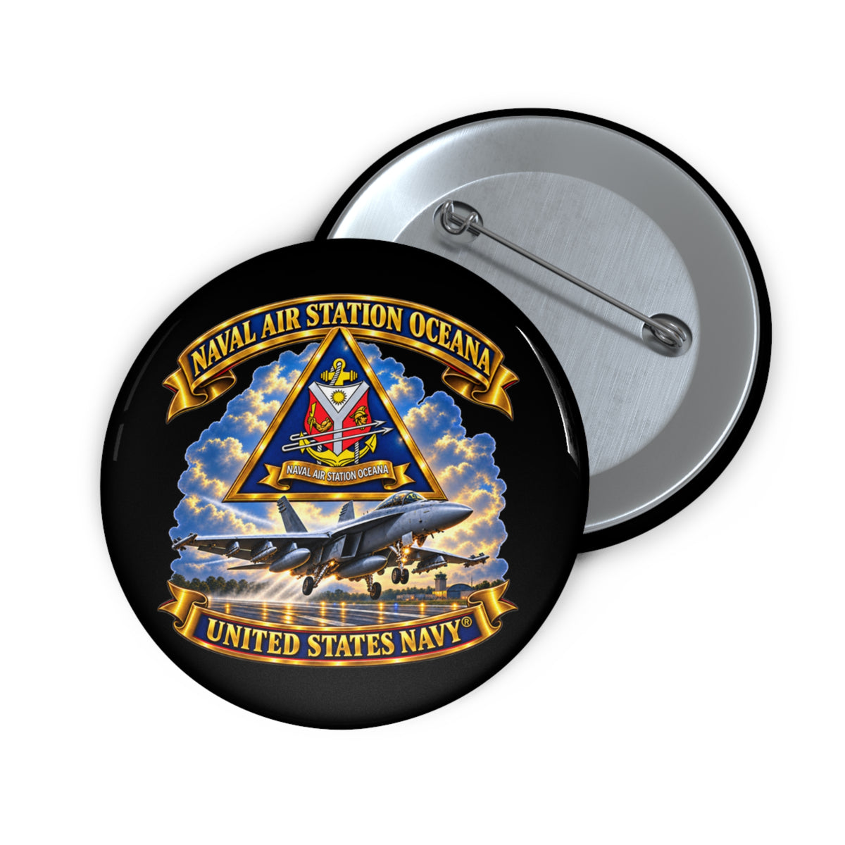 Pin Button - Navy - Naval Air Station Oceana - Crest with Aircraft - United States Navy - 3D - Enhanced