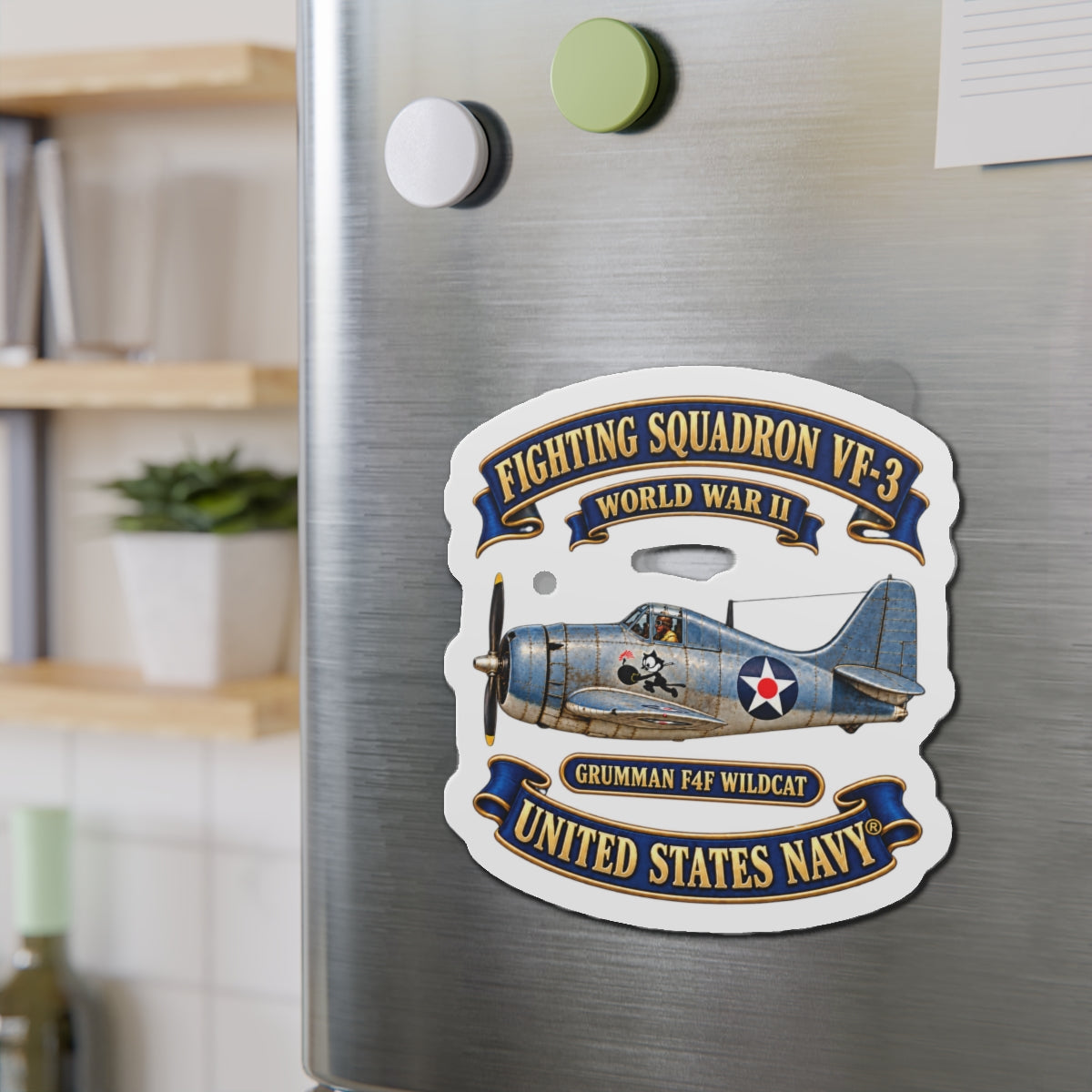 Die-Cut Magnet - NAVY - Fighting Squadron - VF 3 - WWII FELIX Insignia - Grumman F4F Wildcat - 3D - Enhanced
