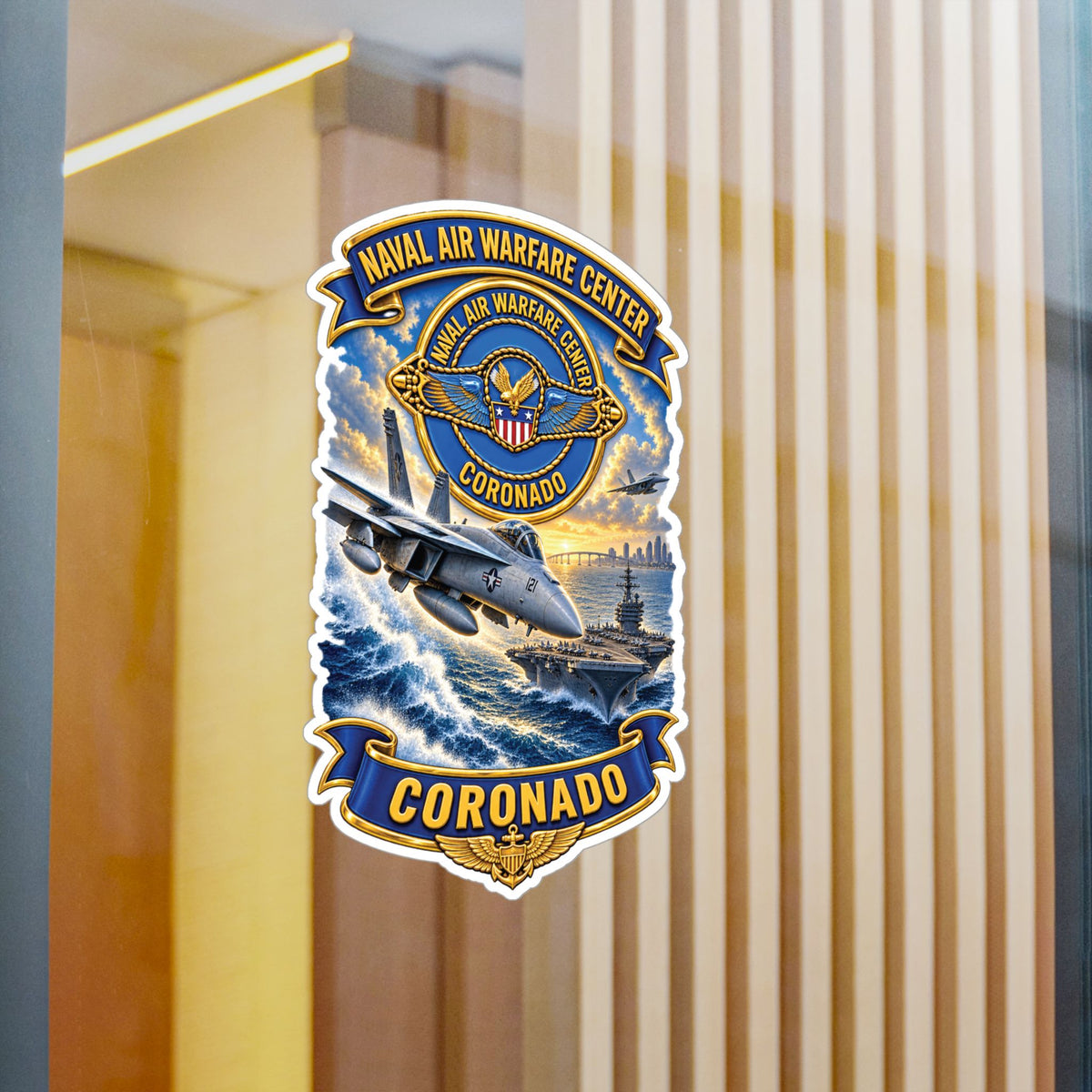 Kiss-Cut Vinyl Decal - NAVY - Naval Air Warfare Center - Coronado - Crest - with Scene - 3D - Enhanced