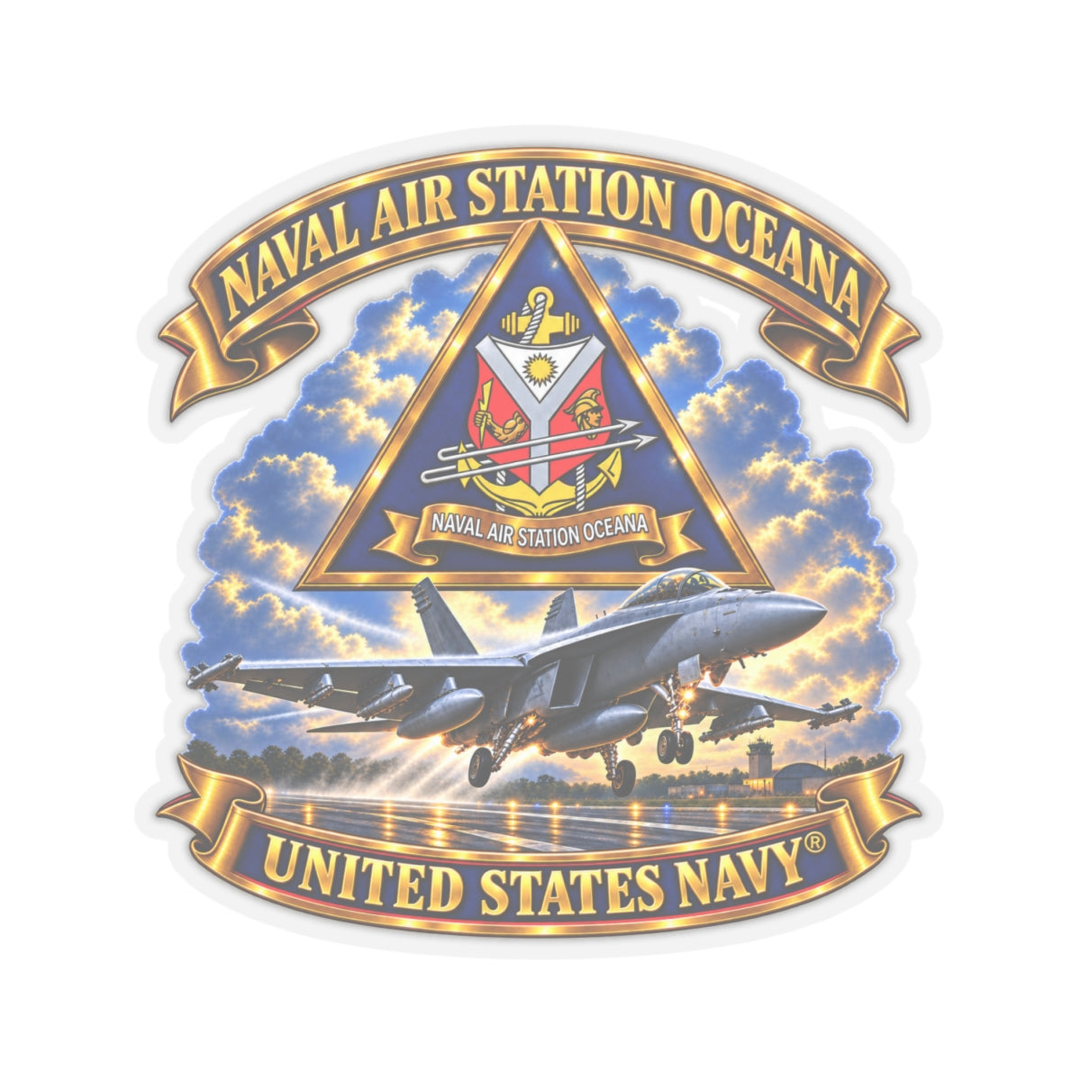 Kiss-Cut Stickers - Navy - Naval Air Station Oceana - Crest with Aircraft - United States Navy - 3D - Enhanced