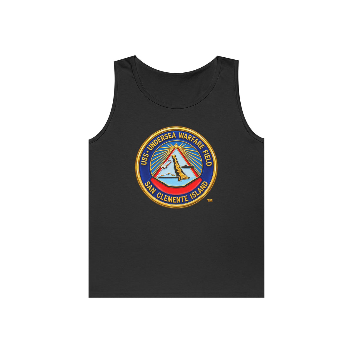 Unisex Heavy Cotton Tank Top - Navy - USS Undersea Warfare Field - San Clemente Island - Crest - 3D - Enhanced