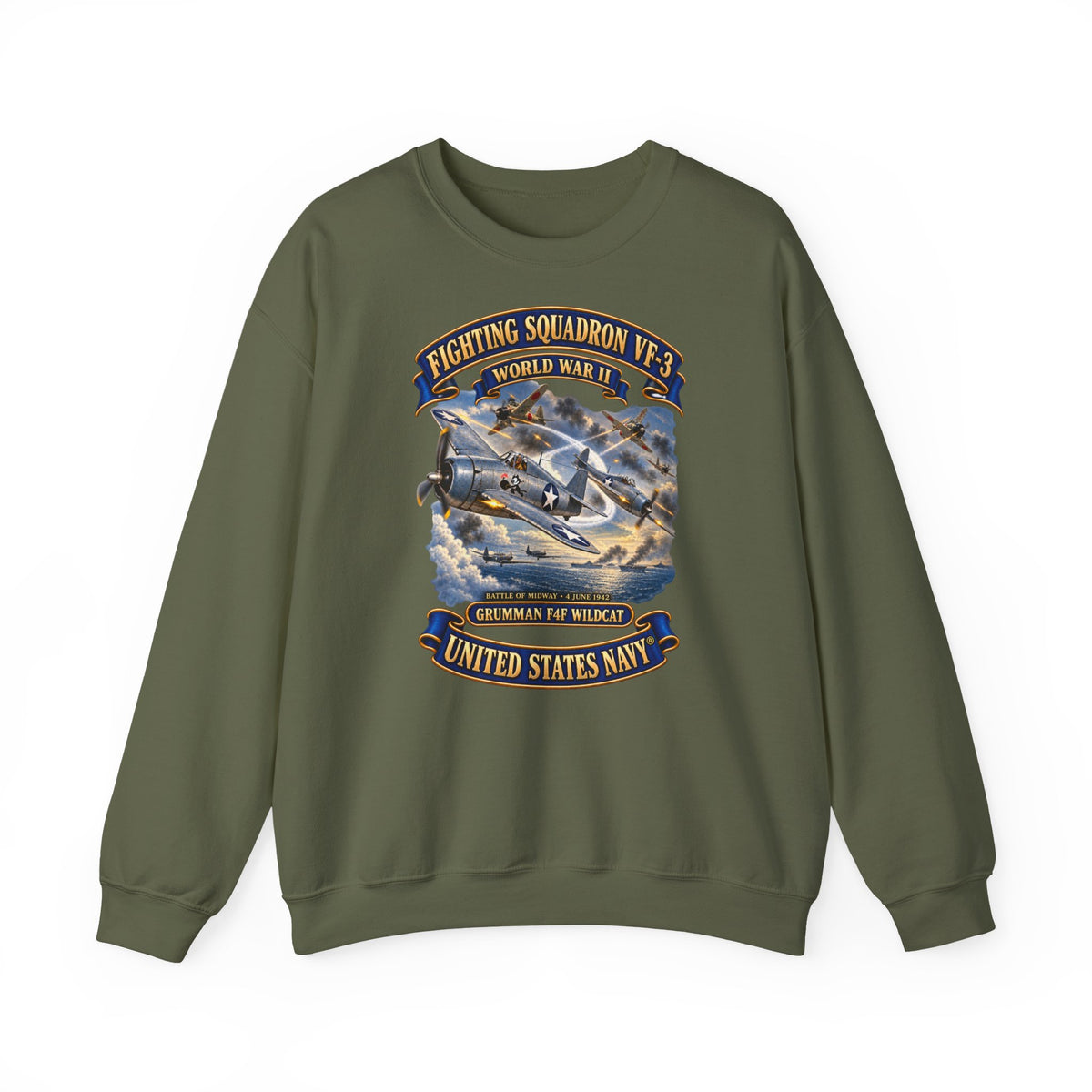 Unisex Heavy Blend™ Crewneck Sweatshirt -  Navy - Fighting Squadron - VF 3 - WWII - Grumman F4F Wildcats - Japanese Zeros - Battle of Midway - 3D - Enhanced