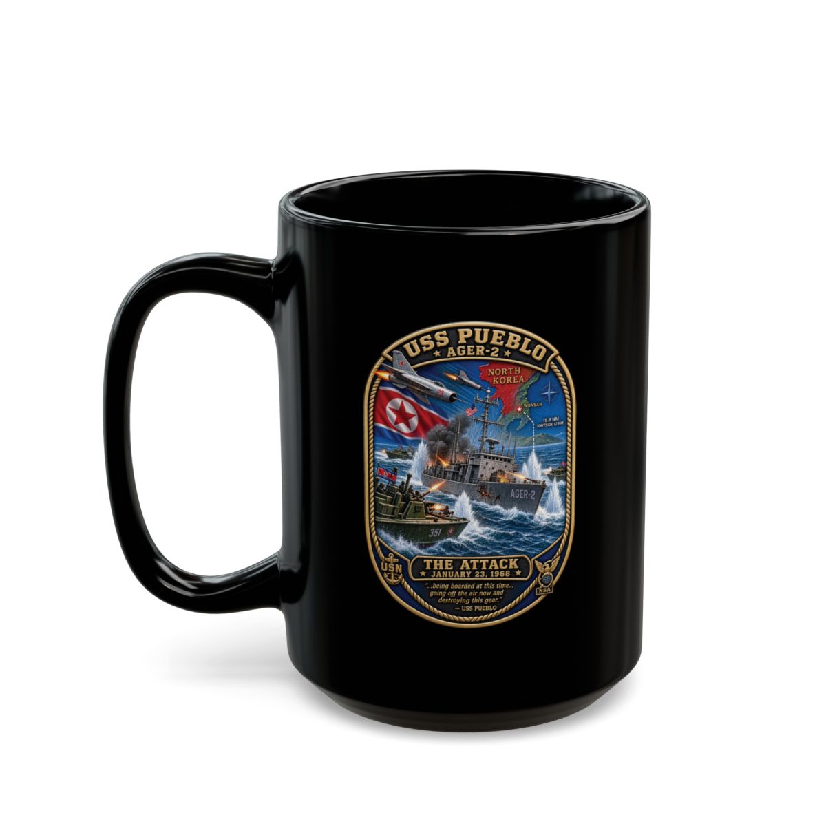 Black Mug (11oz, 15oz) - USS Pueblo Attack-Defense Commemorative Patch