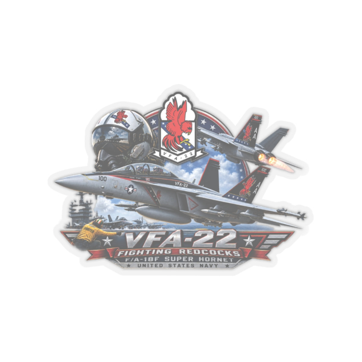 Kiss-Cut Stickers - Strike Fighter Squadron 22nd - AC - Fighting Redcocks - 3D - Enhanced