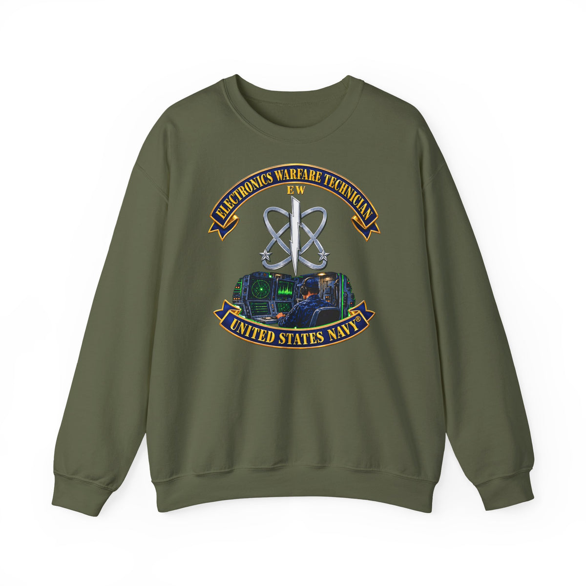 Unisex Heavy Blend™ Crewneck Sweatshirt -  Navy - Rate - Electronics Warfare Technician with Scene - 3D - Enhanced