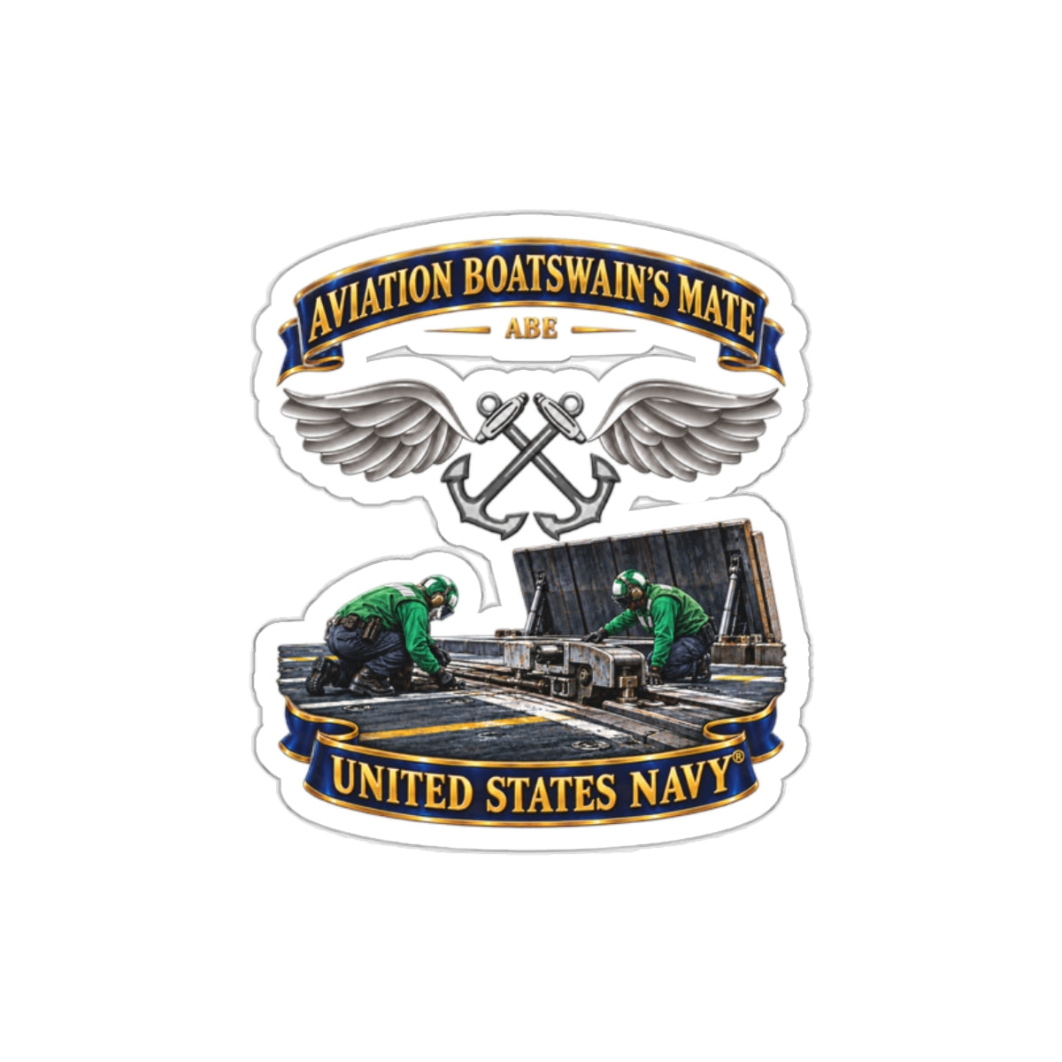Die-Cut Vinyl Sticker - Navy - Rate - Aviation Boatswain's Mate (ABE) - with Scene - 3D - Enhanced