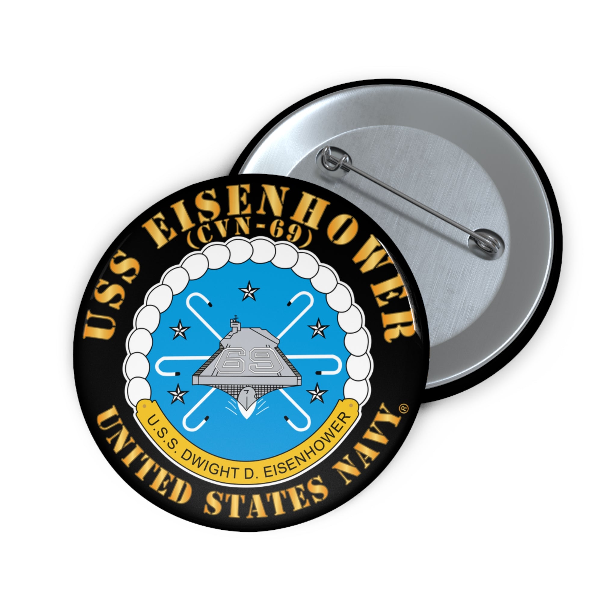 Custom Pin Button - USS Dwight D. Eisenhower (CVN-69) Crest with Txt