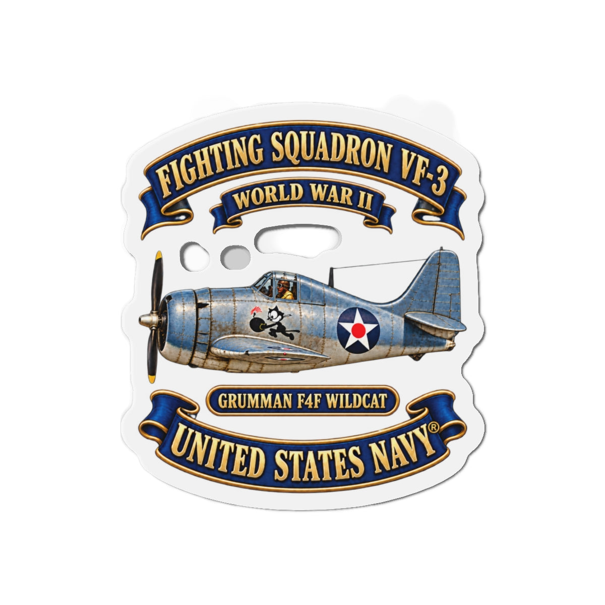 Die-Cut Magnet - NAVY - Fighting Squadron - VF 3 - WWII FELIX Insignia - Grumman F4F Wildcat - 3D - Enhanced