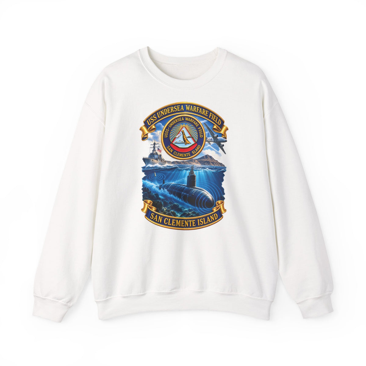 Unisex Heavy Blend™ Crewneck Sweatshirt - NAVY - USS Undersea Warfare Field - San Clemente Island - Crest - w scene - 3D - Enhanced
