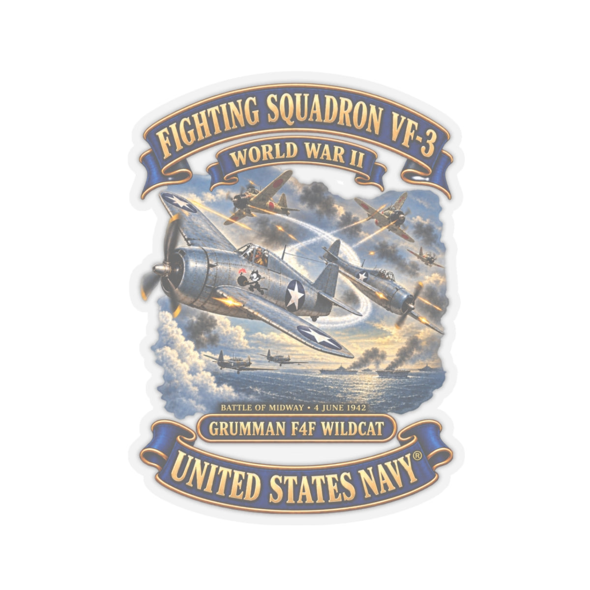 Kiss-Cut Stickers - Navy - Fighting Squadron - VF 3 - WWII - Grumman F4F Wildcats - Japanese Zeros - Battle of Midway - 3D - Enhanced