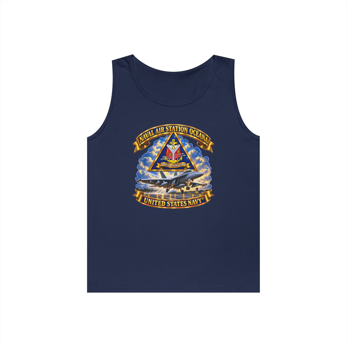 Unisex Heavy Cotton Tank Top - Navy - Naval Air Station Oceana - Crest with Aircraft - United States Navy - 3D - Enhanced