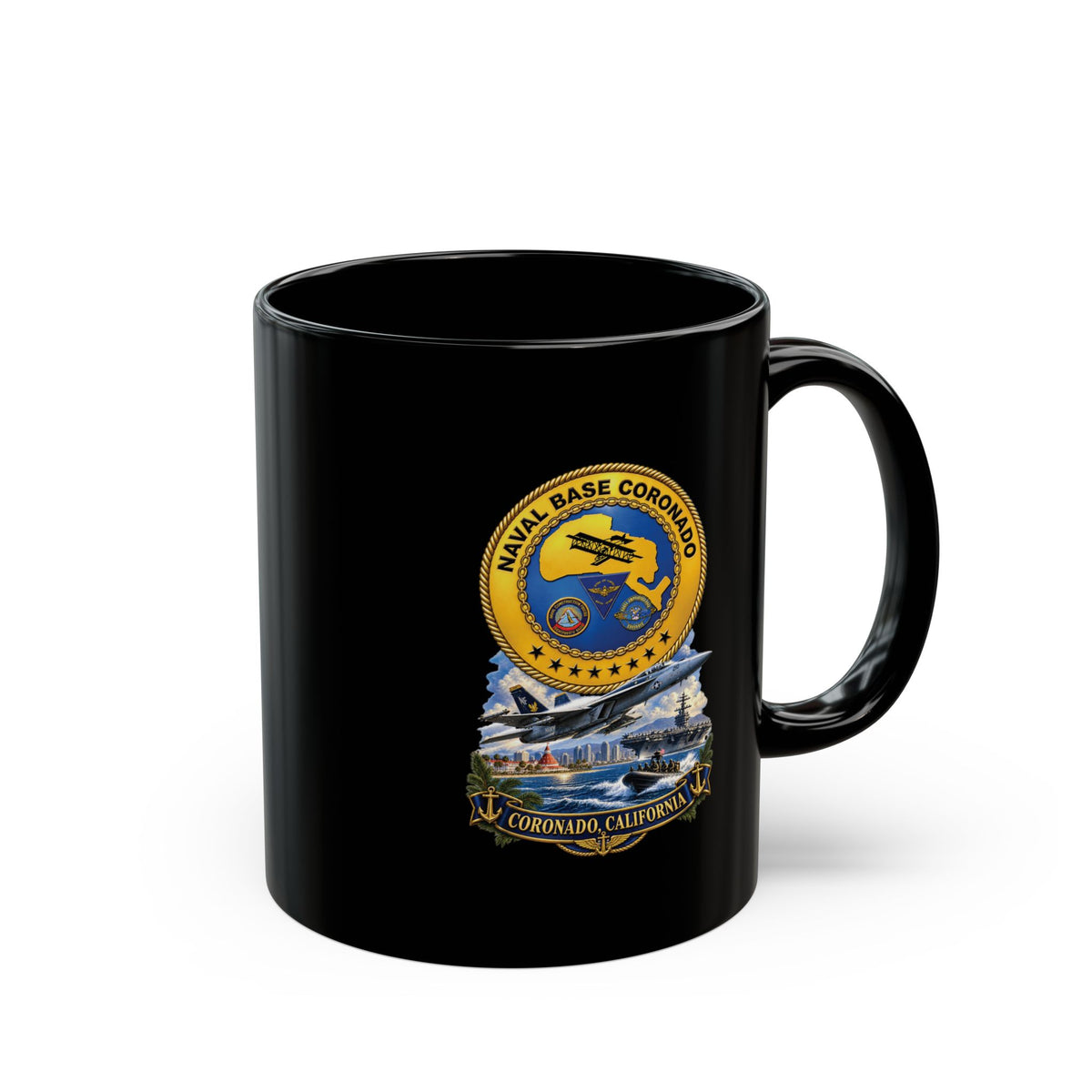 Black Mug (11oz, 15oz) - NAVY - Naval Base Coronado - Crest w Scene - Coronado California - 3D - Enhanced
