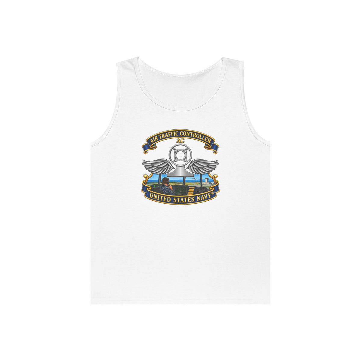 Unisex Heavy Cotton Tank Top - Navy - Rate - Air Traffic Controller (AC) - with Scene - 3D - Enhanced