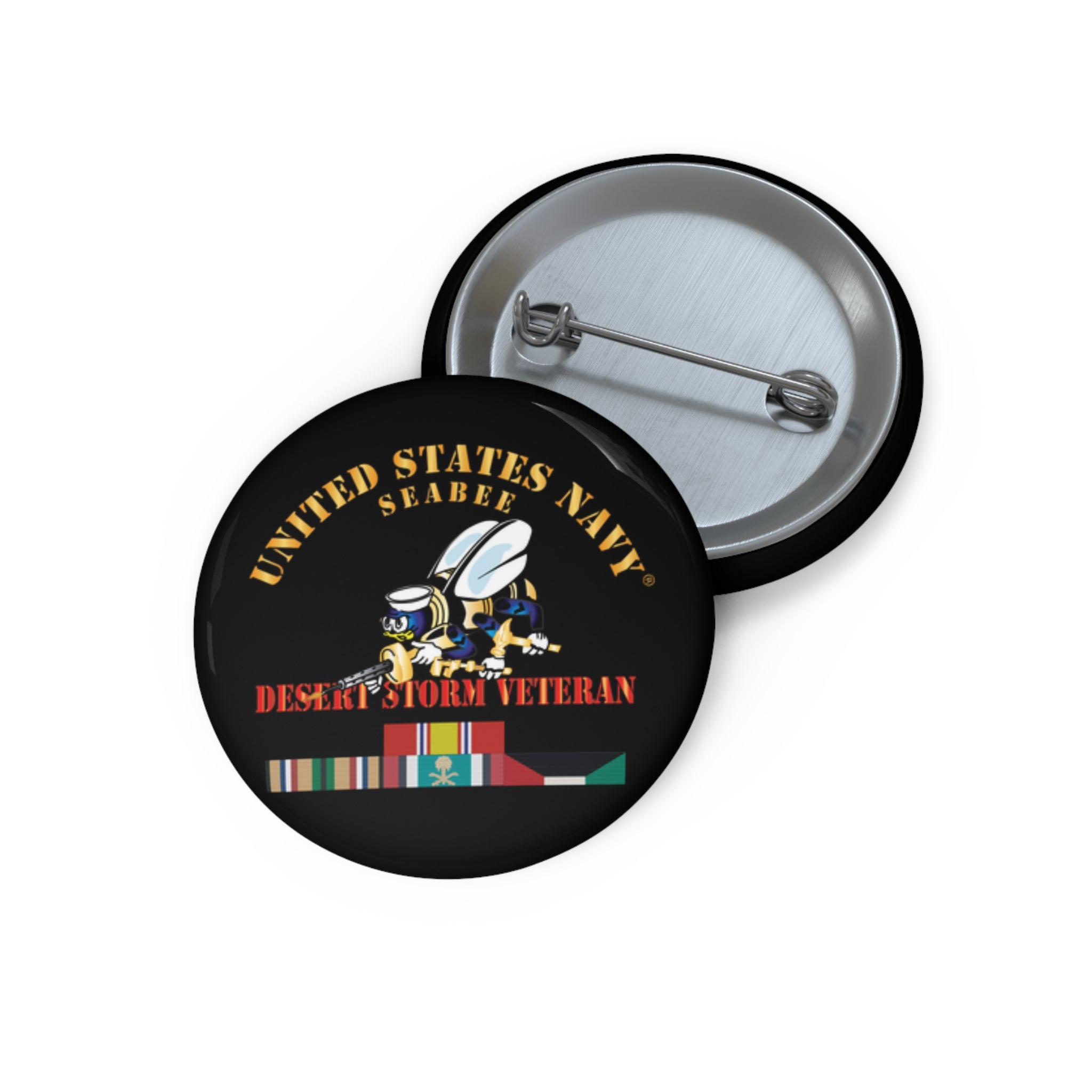 Custom Pin Button - Navy - Seabee - Desert Storm Veteran