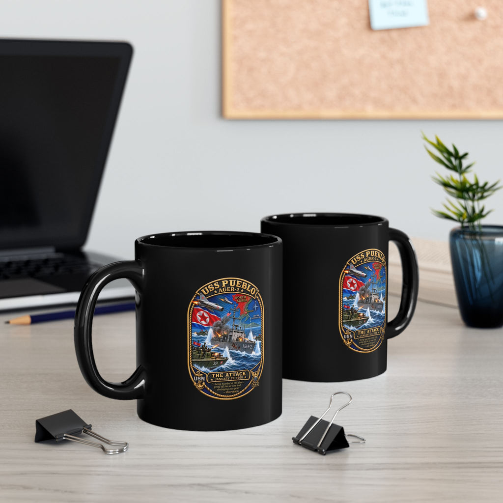 Black Mug (11oz, 15oz) - Navy - USS Pueblo Attack-Defense Commemorative Patch - 3D - Enhanced
