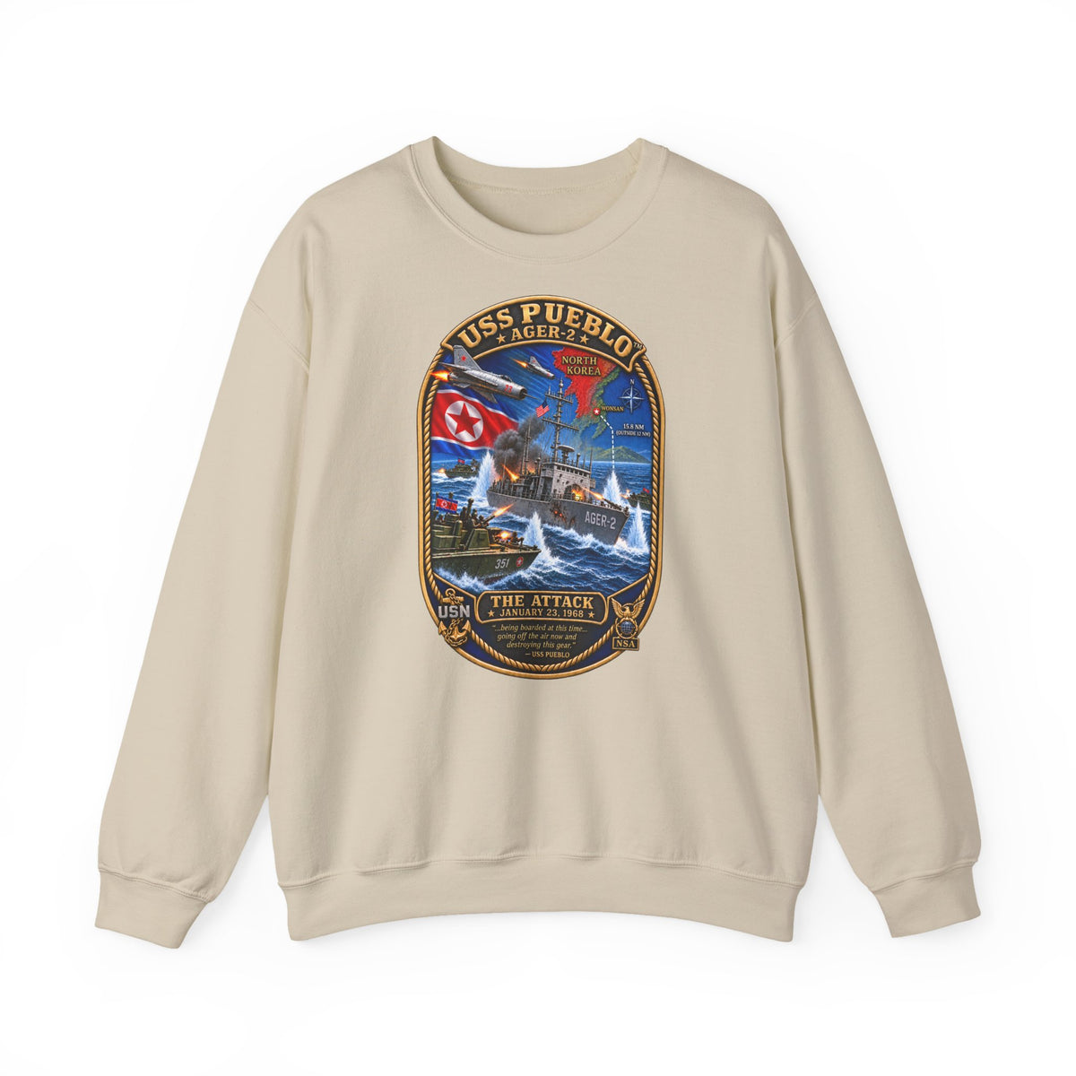 Unisex Heavy Blend™ Crewneck Sweatshirt -  Navy - USS Pueblo Attack-Defense Commemorative Patch - 3D - Enhanced