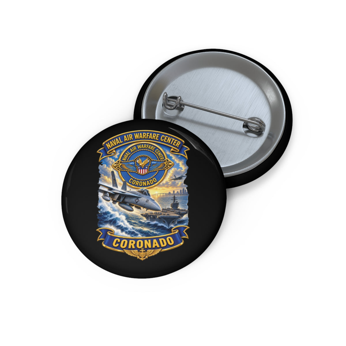 Pin Button - NAVY - Naval Air Warfare Center - Coronado - Crest - with Scene - 3D - Enhanced
