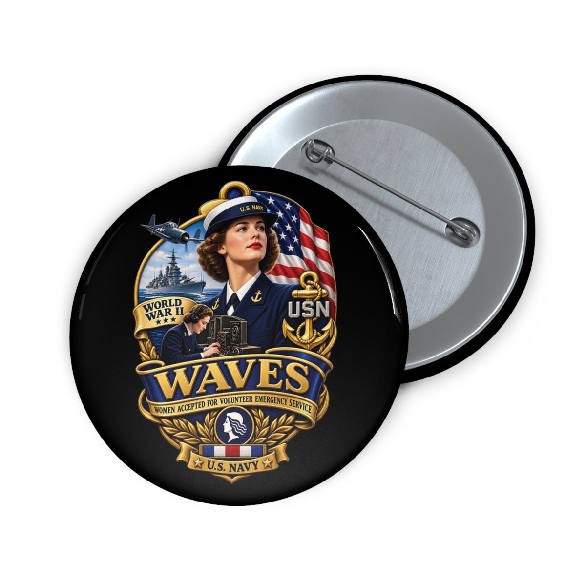 Pin Button - WAVES - Women Accepted for Volunteer Emergency Service WWII - 3D - Enhanced