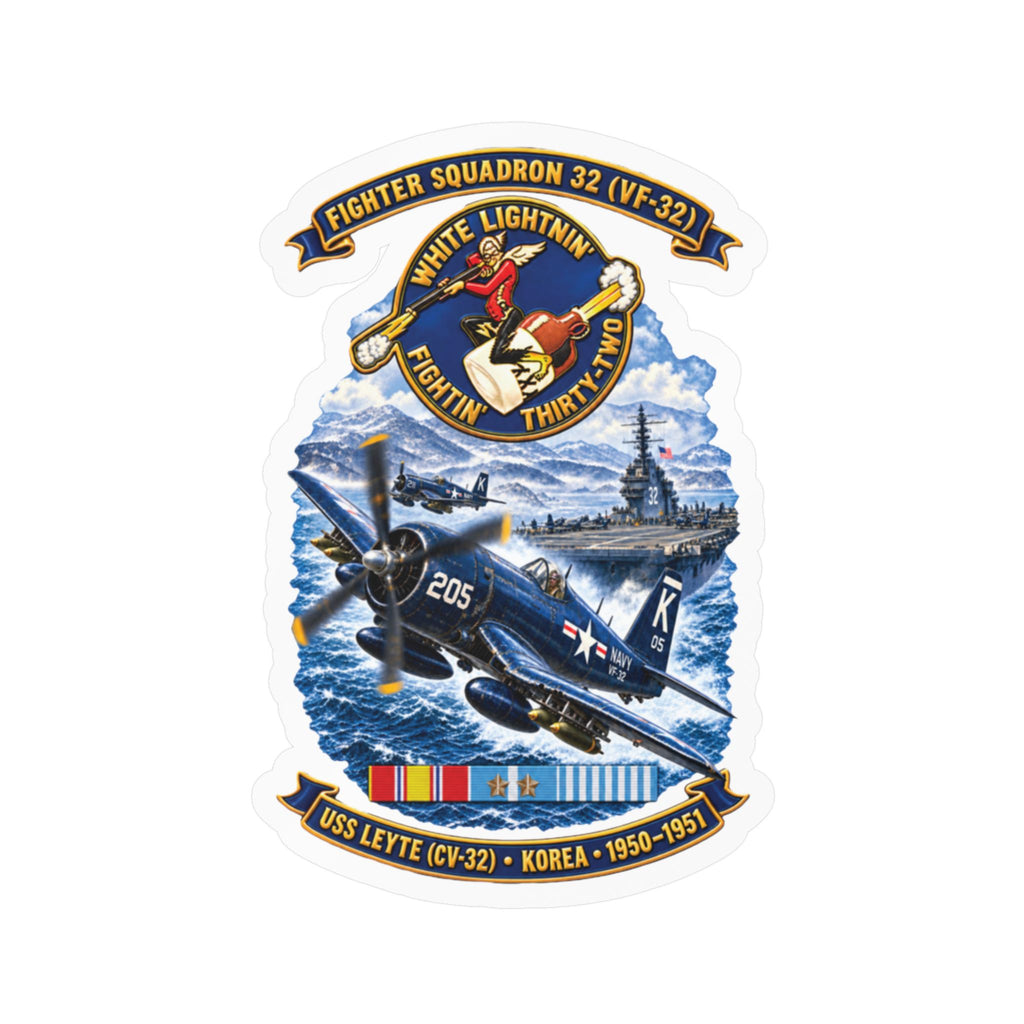 Kiss-Cut Vinyl Decal - NAVY - VF 32  -White Lightnin - Fightin 32 - SSI - USS Leyte (CV32) - F4U-4 Corsair - Korea - 1950-1951- 3D - Enhanced