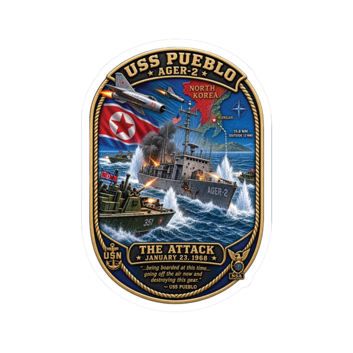 Kiss-Cut Stickers - USS Pueblo Attack-Defense Commemorative Patch