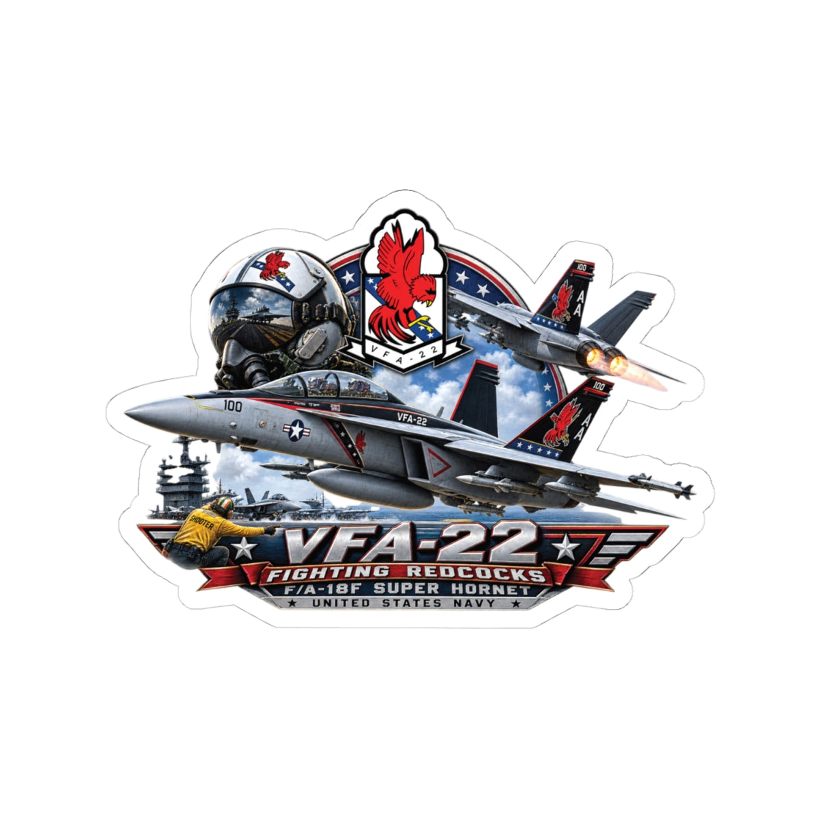 Kiss-Cut Stickers - Strike Fighter Squadron 22nd - AC - Fighting Redcocks - 3D - Enhanced
