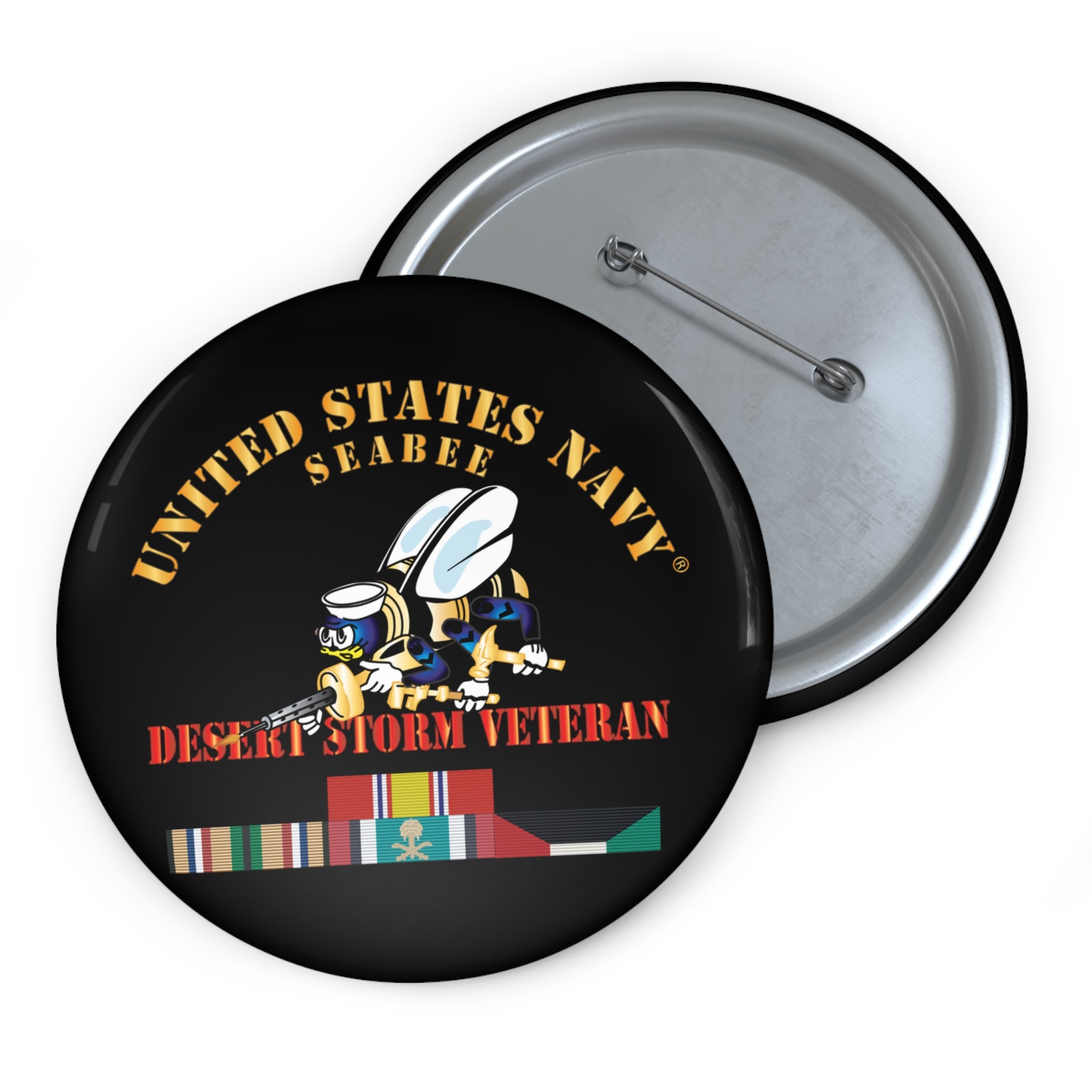 Custom Pin Button - Navy - Seabee - Desert Storm Veteran