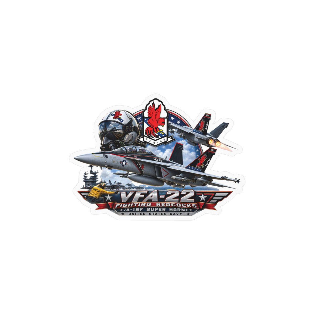 Kiss-Cut Vinyl Decal - Strike Fighter Squadron 22nd - AC - Fighting Redcocks - 3D - Enhanced