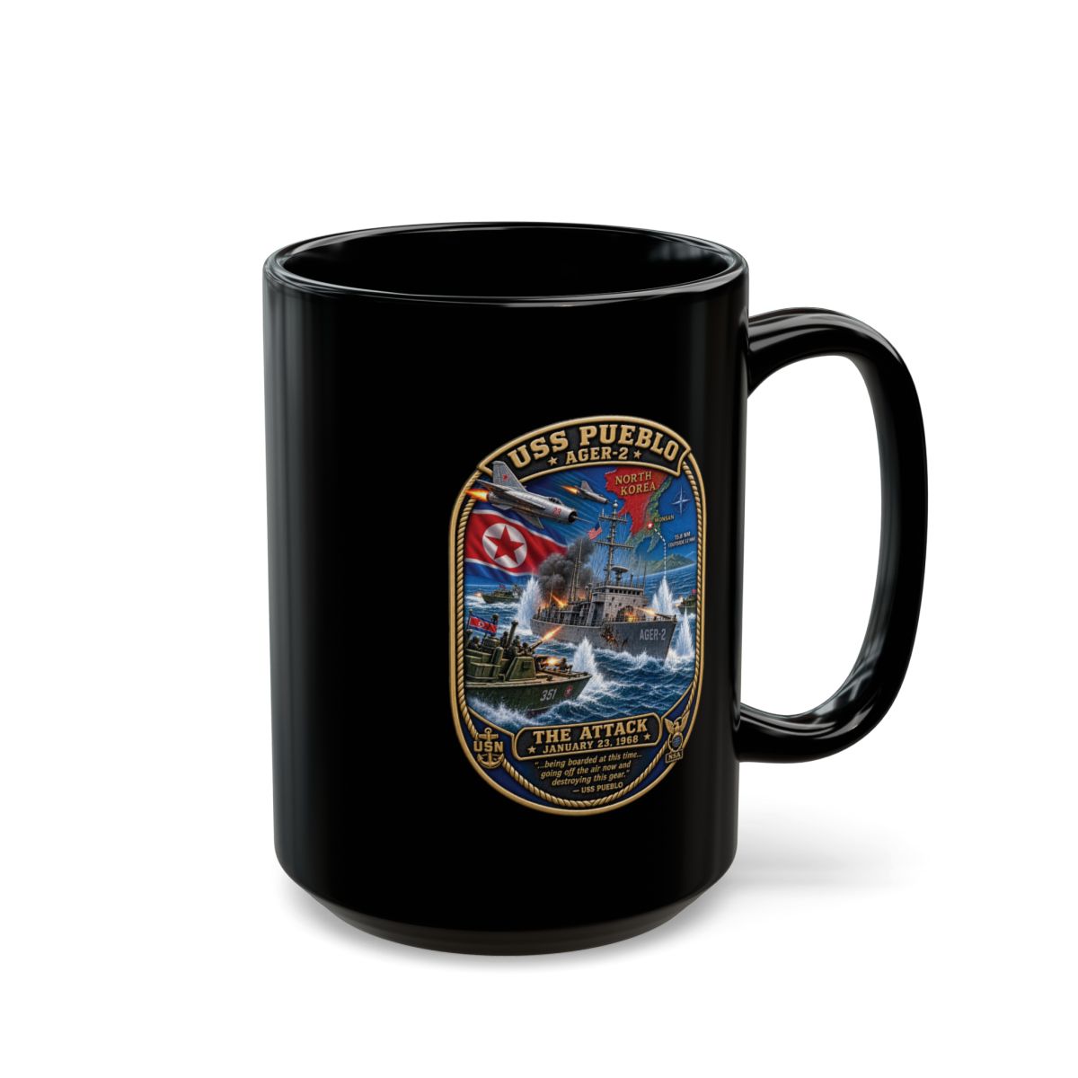 Black Mug (11oz, 15oz) - USS Pueblo Attack-Defense Commemorative Patch