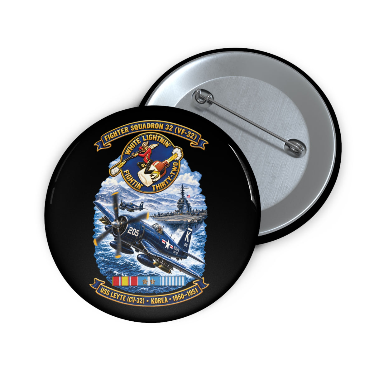 Pin Button - NAVY - VF 32  -White Lightnin - Fightin 32 - SSI - USS Leyte (CV32) - F4U-4 Corsair - Korea - 1950-1951- 3D - Enhanced