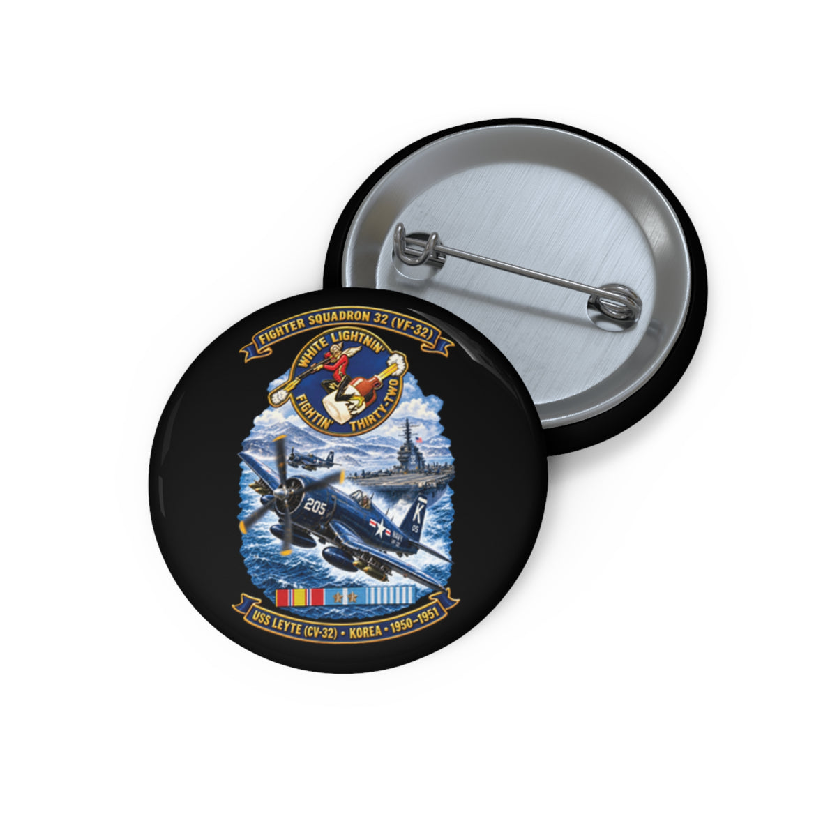 Pin Button - NAVY - VF 32  -White Lightnin - Fightin 32 - SSI - USS Leyte (CV32) - F4U-4 Corsair - Korea - 1950-1951- 3D - Enhanced