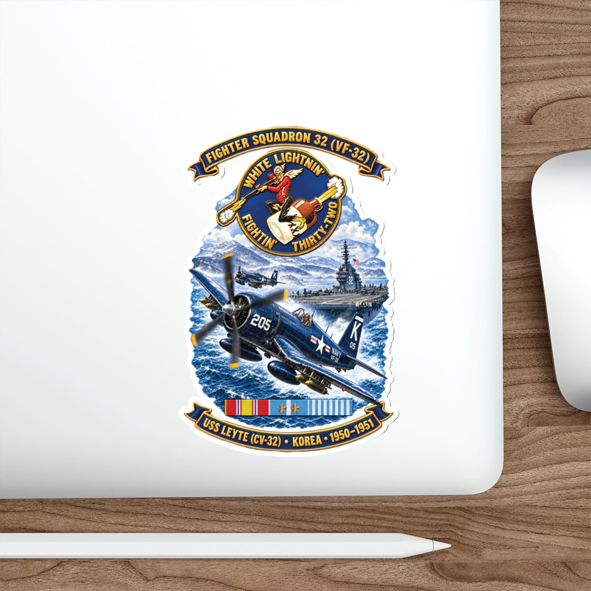 Die-Cut Vinyl Sticker - NAVY - VF 32  -White Lightnin - Fightin 32 - SSI - USS Leyte (CV32) - F4U-4 Corsair - Korea - 1950-1951- 3D - Enhanced