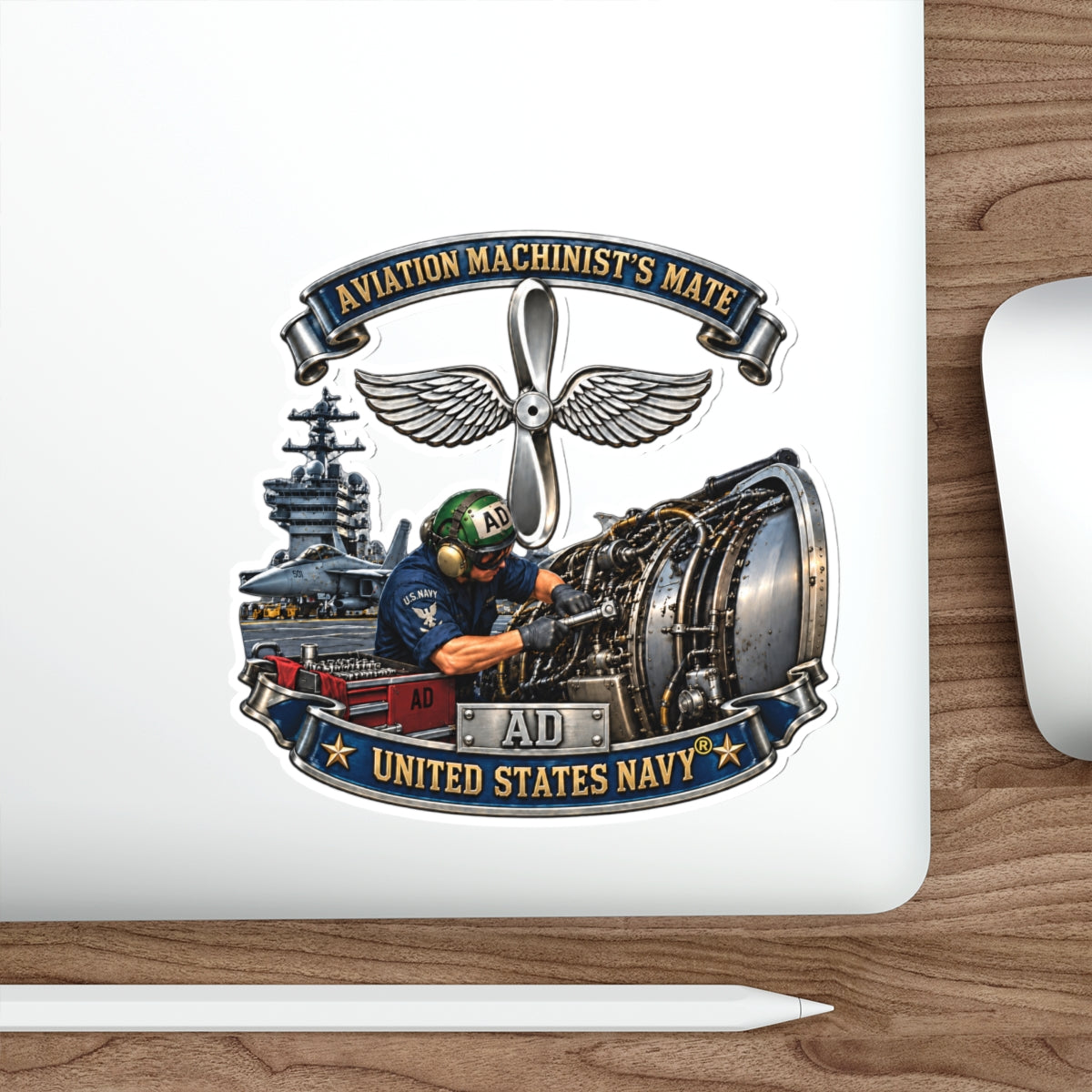 Die-Cut Vinyl Sticker - Navy - Rate - Aviation Machinists Mate Br with Scene - 3D - Enhanced