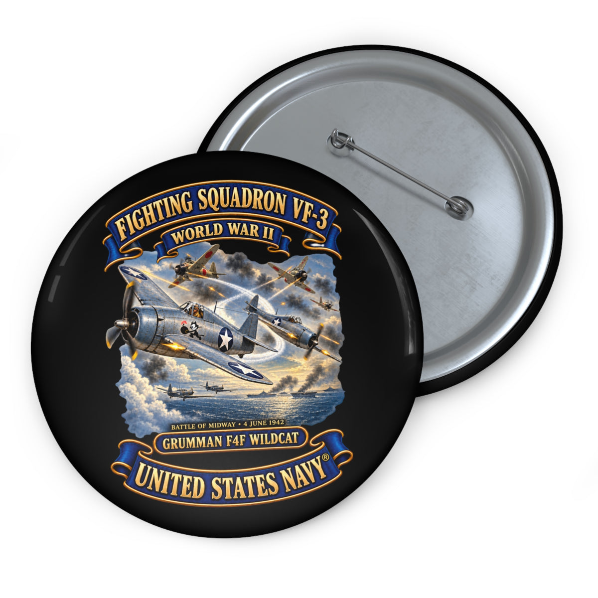 Pin Button - Navy - Fighting Squadron - VF 3 - WWII - Grumman F4F Wildcats - Japanese Zeros - Battle of Midway - 3D - Enhanced