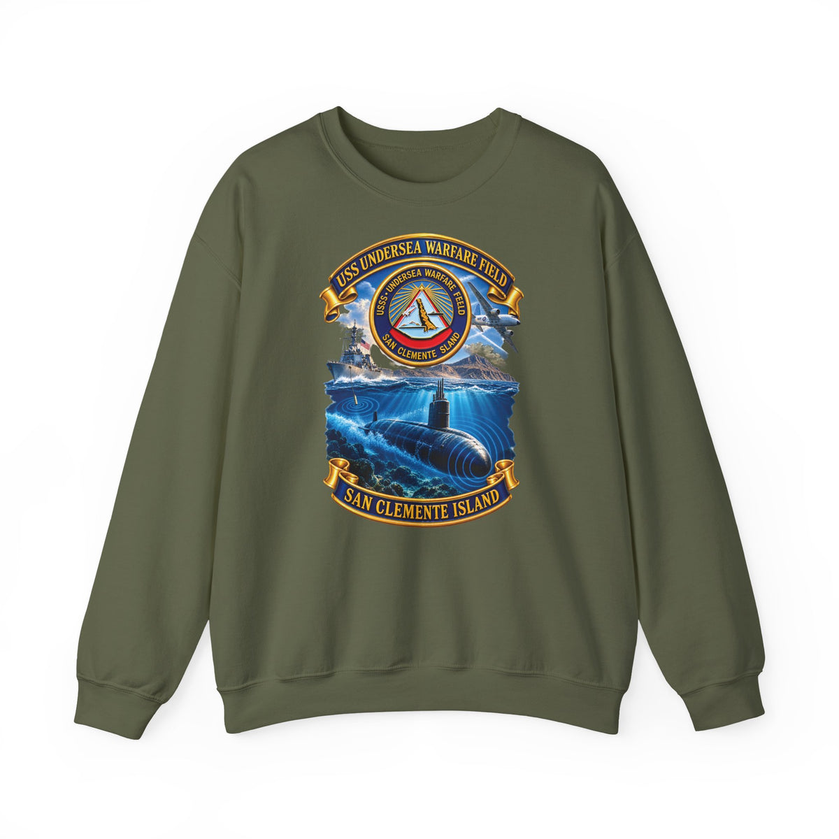 Unisex Heavy Blend™ Crewneck Sweatshirt - NAVY - USS Undersea Warfare Field - San Clemente Island - Crest - w scene - 3D - Enhanced