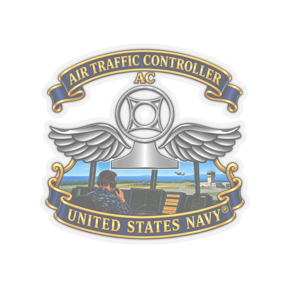 Kiss-Cut Stickers - Navy - Rate - Air Traffic Controller (AC) - with Scene - 3D - Enhanced
