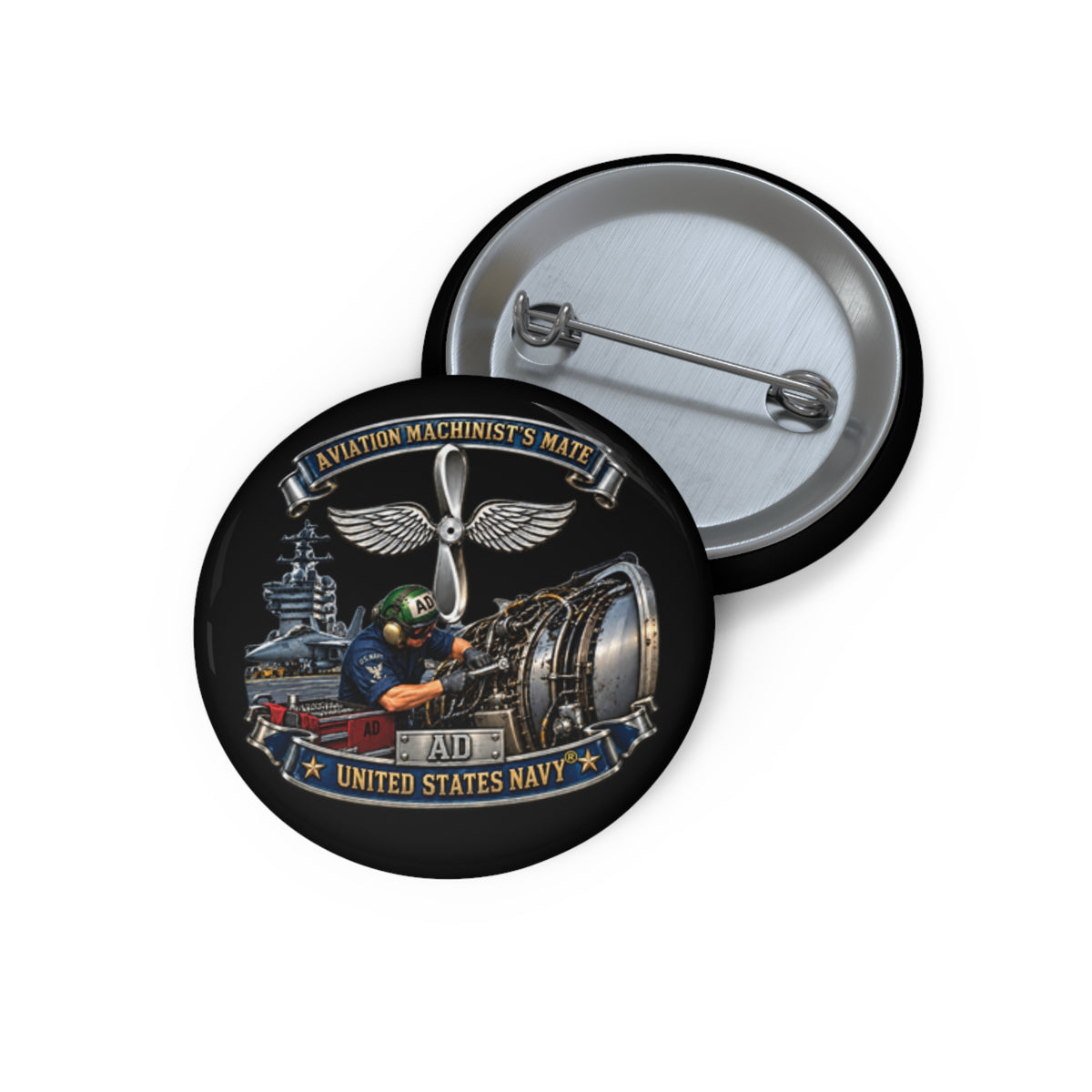 Pin Button - Navy - Rate - Aviation Machinists Mate Br with Scene - 3D - Enhanced