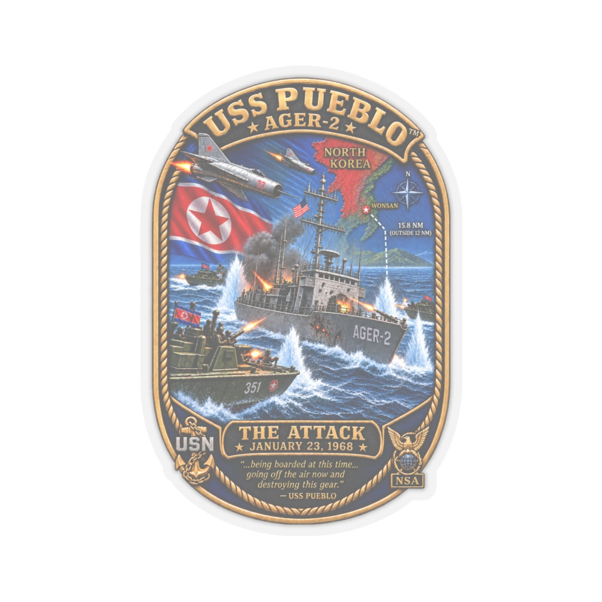 Kiss-Cut Stickers - Navy - USS Pueblo Attack-Defense Commemorative Patch - 3D - Enhanced