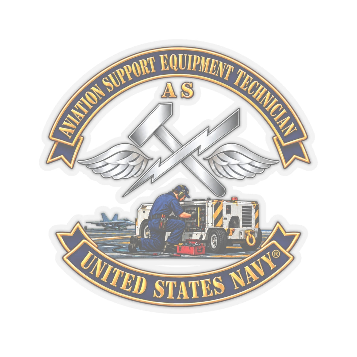 Kiss-Cut Stickers - Navy - Rate - Aviation Support Equipment Technician (AS) with Scene - 3D - Enhanced